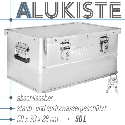 Alukiste 50 L, 2 Klappgriffe seitlich, 2 Schlüssel, Abschließbar, Spritzwassergeschützt, 59 x 39 x 28 cm
