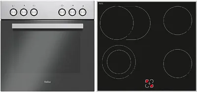 A studio shot of a freestanding oven and a separate ceramic hob.