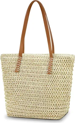 Produktbild von Aucuu Strohtasche Damen mit Ledergriffe Reißverschluss für Strand Sommer