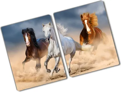 Produktbild von Tulup Glas Herdabdeckplatte - 2x40x52 cm - Glaskeramikkochfeld-Abdeckung Spritzschutz Glasabdeckplatte Kochplattenabdeckung und Schneidebrett - Zweiteilig - Tiere - Pferde in der Wüste - Braun