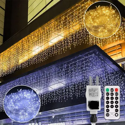 The image shows icicle-shaped LED lights installed on the exterior of a building, with close-up insets of the lights and a remote control and power adapter.