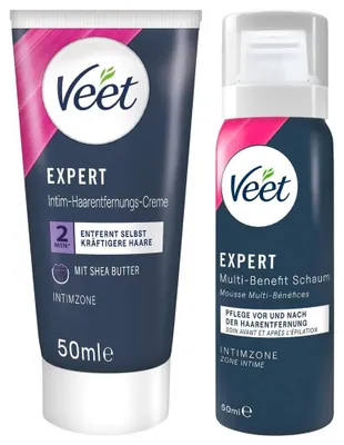 Produktbild von Veet EXPERT Intim-Haarentfernungs-Set, Intim-Haarentfernungscreme + Multi-Benefit Schaum, 100ml, Creme zur Haarentfernung, 100 ml, Intime Körperteile, Frauen, 2 Stück(e), Box