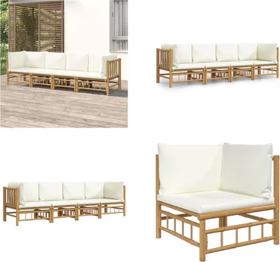 Produktbild von vidaXL 4 tlg. Garten Lounge Set mit Cremeweißen Kissen Bambus - Garten Lounge Set - Garten Lounge Sets - Lounge Set - Gartenmöbel Set