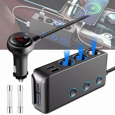 Image de Adaptateur allume-cigare 12 V/24 V à 3 prises avec 4 ports USB - Chargement rapide et universel - Adaptateur pour voiture