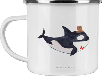 Produktbild von Mr. & Mrs. Panda Teetasse Orca Zylinder - Weiß - Geschenk, Glückwunsch, Pott, Geburtstag, Teebecher, Emaille Tasse, Narwal, Fest, Konfetti, Kaffeepott, Campingbecher