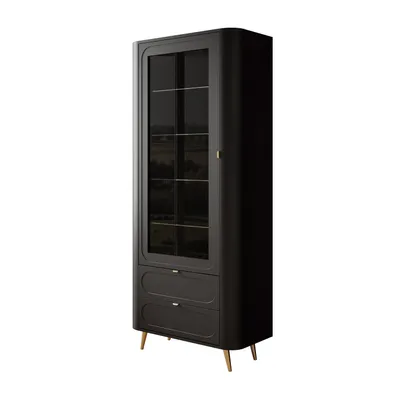 Productafbeelding van Vitrine SHADOW II met glazen deuren en planken, schuine poten, goudkleurig