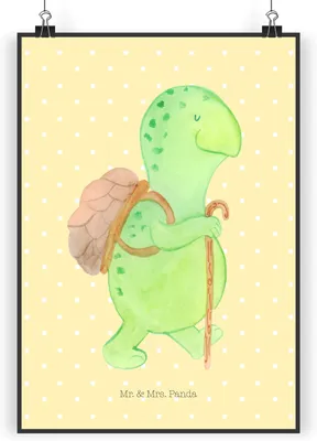 Produktbild von Mr. & Mrs. Panda Bild Schildkröte Wanderer DIN A4 - Gelb Pastell - Geschenk, Schildkröten, Motivationsspruch, Entpannt, Rucksack, Kunstdruck, Motivation, wanddeko, Plakat