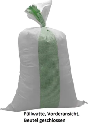 A white bag with a green stripe, tied at the top.