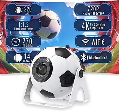 Zdjęcie produktu dla Mini projektor 4K/1080P, przenośny projektor o jasności 220 lumenów (ANSI), z automatyczną korekcją zniekształceń pionowych, dwupasmowym Wi-Fi 6 i Bluetooth