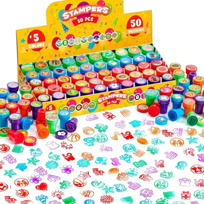 Productafbeelding van 50 stuks verschillende stempels voor kinderen, zelfkleurende stempels met 50 verschillende motieven voor verjaardagsfeest, carnavalsprijzen, school