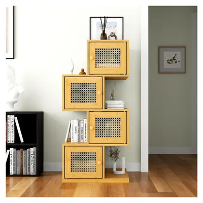 Produktbild von Bücherregal mit Rattan-Türen, Aufbewahrungsschrank 85 x 40 x 25,4 cm, Regal mit 4 Fächern für Bücher im Wohnzimmer, Schlafzimmer und Flur, natürliche Holzfarbe