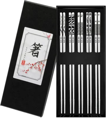 Produktbild von Essstäbchen 5 Paar Essstäbchen aus Edelstahl, spülmaschinenfest | Essstäbchen aus Edelstahl, chinesisch zum Essen, wiederverwendbare japanische Essstä