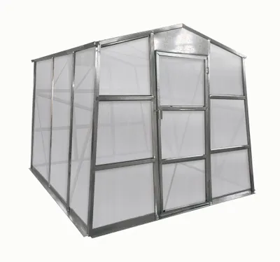 A greenhouse with a metal frame and translucent panels, shown from a three-quarter angle against a white background.
