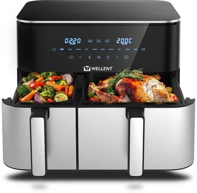 Zdjęcie produktu dla Fritownica powietrzna XXL o pojemności 11 litrów, z 2 komorami (4 + 7 litrów), moc 2600 W, 10-w-1, z panelem dotykowym, podwójną komorą i funkcją przypomnienia o potrząsaniu, idealna do użytku domowego