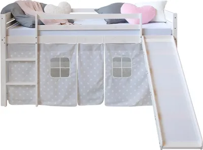 Produktbild von Homestyle4u Kinder Hochbett 90x200 weiss mit Rutsche Sternen Vorhang