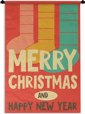 Produktbild von MuchoWow® Wandteppich Wandbehang Weihnachtssocken - Illustration - Weihnachten - Zitate - Sprichwörter - Frohe Weihnachten und ein gutes neues Jahr - Rot 90x135 cm Tapisserie Dekoration Wandtuch - Baumwolle - Wandskulptur