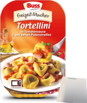 Produktbild von Buss Tortellini in Tomatensauce mit zarten Putenstreifen (300g Packung) + usy Block