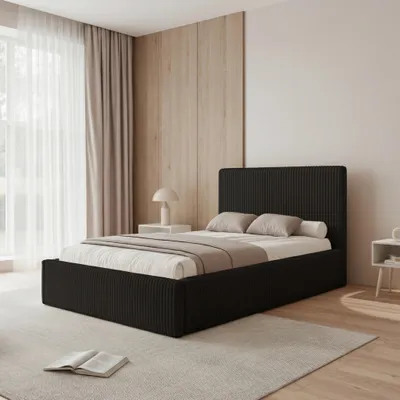 Produktbild von Polsterbett BONZO 140x200 Schwarz Grobcord mit Bettkasten & Lattenrost Cordstoff