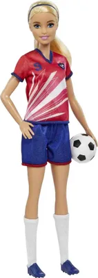 Produktbild von Barbie Fußballspielerin-Puppe, blond, Trikot mit der Nummer 9, Fußball, Stollenschuhe, Stutzen, für Kinder ab 3 Jahre, Modepuppe, Weiblich, 3 Jahr(e), Mädchen, 296 mm, 120 g