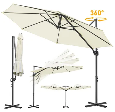 Produktbild von Ikodm Sonnenschirm Ampelschirm 300 cm Beige, 360° drehbar & 0–60° neigbar, UV50+ wasserabweisend, Kurbel & Kreuzfuß, Gartenschirm