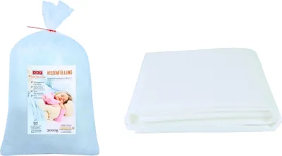 A bag of pillow filling and a folded white fabric are shown against a white background.