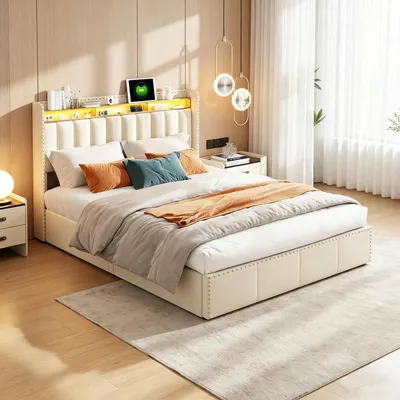 Produktbild von INONEFT Polsterbett 140×200cm mit USB & LED, Doppelbett, Jugendbett Stauraumbett Bettgestell mit Hydraulisches Bettkasten und Lattenrost, Samt,Beige