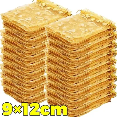 Produktbild von Organza-Geschenkbeutel - Kleine Schmuckbeutel - 9 x 12 cm - 200er-Pack - Zugband - Polyester - Goldfarben