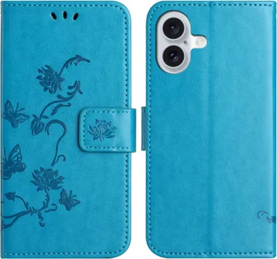 Produktbild von iPhone 16 Hülle - Coverup Blumen & Schmetterlinge Klapphülle - Blau