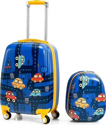 Produktbild von GOPLUS 18" Kinderkoffer + 12" Rucksack, Kids Trolley mit Teleskopgriff, Hartschalenkoffer mit Rollen, für Kinder ab 3 Jahren, Farbwahl (Cartoon-Auto)