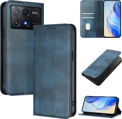 Produktbild von Handyhülle für Xiaomi Poco X6 Pro/Redmi K70E, Vintage Leder RFID Schutz Kartenfach Standfunktion Magnetische Klapphülle Blau