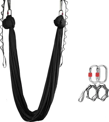 Produktbild von Aerial Yoga Hängematte 5x2,8 m, 40D Nylon, Rutschfest, Zubehör inkl., Schwarz, Fitness
