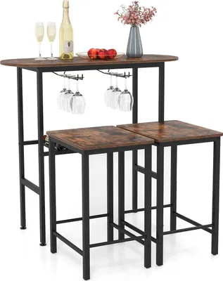 Image de Table de bar avec 2 tabourets - Ensemble pour 2 personnes - Porte-verres à vin - Porte-bouteilles - Bois - Marron