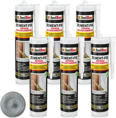 Produktbild von Isolbau Zement-Fix 6 x 300 ml Betongrau Express Reperaturmörtel - Dichtungsmasse für Fugen & Risse im Innen- & Außenbereich, Kartusche