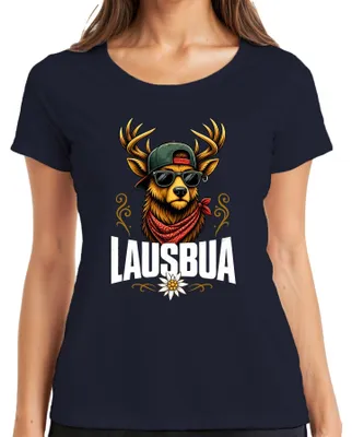 Zdjęcie produktu dla Jausenbua Hirsch, Alpy Bawarskie, Edelweiss, Tracht, Spodnie skórzane (styl bawarski), Odzież myśliwska, Damski T-shirt, Kolor: granatowy, Rozmiar: L