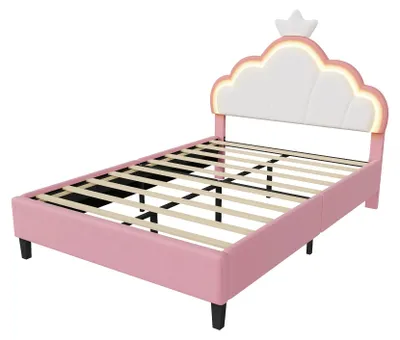 Image de Lit bébé - Structure de lit rembourrée - 140 x 190 cm - Tête de lit réglable en forme de couronne - Sommier à lattes - Espace de rangement - Rose/Blanc