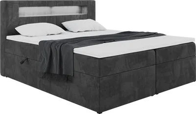 Produktbild von MEBLINI Boxspringbett mit Bettkasten - Bett mit LED Kopfteil - Gepolstert Doppelbett mit Matratze und Topper - Polsterbett mit Stauraum - Stauraumbett - ASPIN - 140x200 - H3/Schwarz Samt