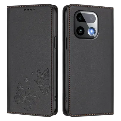 Image de Étui en cuir pour Realme 16 Pro+, étui de protection type portefeuille en cuir gaufré « papillon » avec support, noir