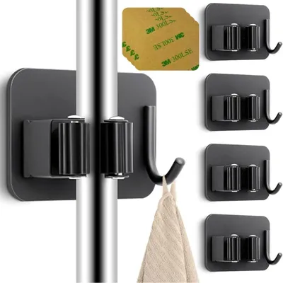 Image de Support pour balais - Lot de 4 pour fixation murale - Support mural pour balais et outils de jardin - Noir