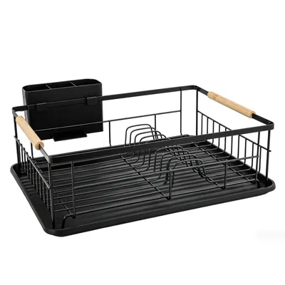Produktbild von Geschirrabtropfständer aus Metall mit abnehmbarem Tropftablett – Rostgeschützt, stabil, mit Besteckhalter, Schwarz