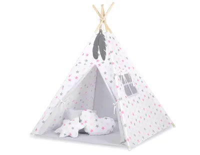 Image de Tipi Tente pour Enfants avec Tapis Gris et Étoiles Roses