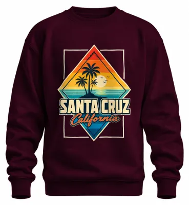 Immagine prodotto di Felpa con cappuccio vintage, stile retrò, con immagine di Santa Cruz, California, e tramonto, colore bordeaux, taglia XL