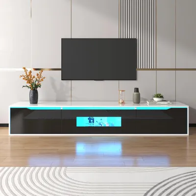 Image de Meuble TV bas - Meuble TV 180x30x35 cm - Design moderne - Finition laquée brillante - Éclairage LED avec changement de couleur - Espace de rangement - Modèle D