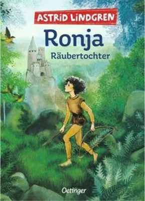 A young person with dark curly hair is walking through a forest with a bow and arrow. A castle is visible in the background.