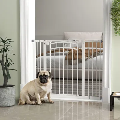 Produktbild von Treppenschutzgitter Hund, Hundegitter selbstschließend, Einhandbedienung, Stahl, Weiß | 76 cm hoch | 74–100 cm Breite | doppeltes Verschlusssystem