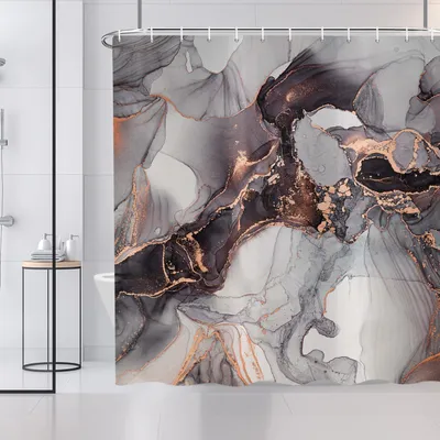 Produktbild von Duschvorhang in Marmoroptik, 180 x 180 cm, moderne abstrakte Kunst mit Textur in Schwarz-, Gold- und Graumarmoroptik, waschbar, Polyestergewebe, wasserdicht, geeignet für das Badezimmer, mit 12 Haken.