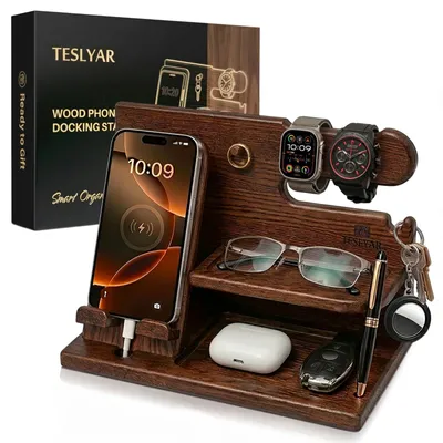 Productafbeelding van Telefoonhouder bureau houten telefoonstandaard - Donkere as - Organizer voor sleutels, portemonnee en horloge - Voor het bureau