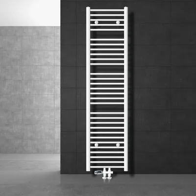 Obrázek produktu pro LuxeBath Koupelnový radiátor Středové připojení 400 x 1800 mm Bílý zakřivený s termostatem a připojovací sadou Průchozí podlaha Bílý radiátor, bez topného tělesa