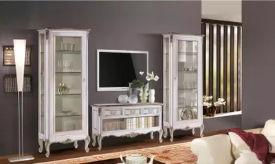 Produktbild von Wohnwand TV-Ständer Wohnzimmer Holz Möbel 2x Vitrine Weiß Set Neu