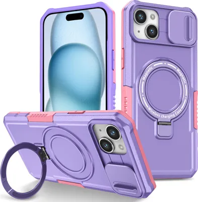 Produktbild von Handyhülle für iPhone 15 Plus /iPhone 14 Plus Kompatibel mit MagSafe, Robuste Hülle mit Schiebe Kamera Schutz, Magnetischer Ringständer Lila