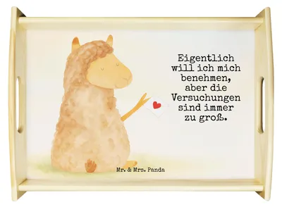 Produktbild von Mr. & Mrs. Panda Tablett Alpaka Fahne Design - Weiß - Geschenk, Alpakas, serviertablett holz, Lama, Lamas, Liebe, aus, Dekotablett